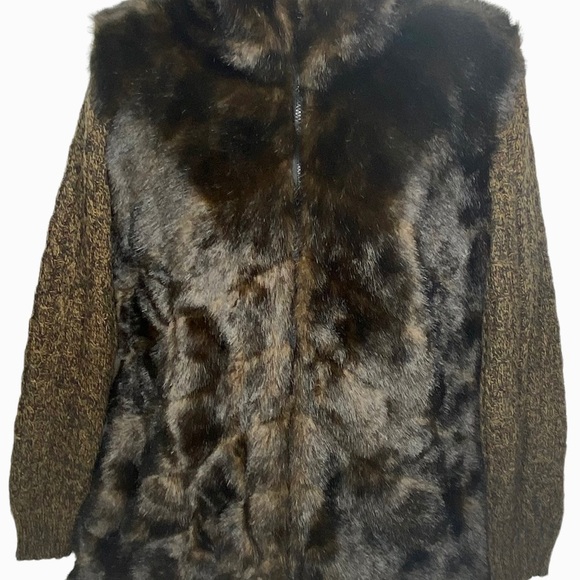 Alpine Studio Women's Faux Fur Knit Sleeves Winter Coat L Brown Full Zip Pockets - Picture 4 of 11